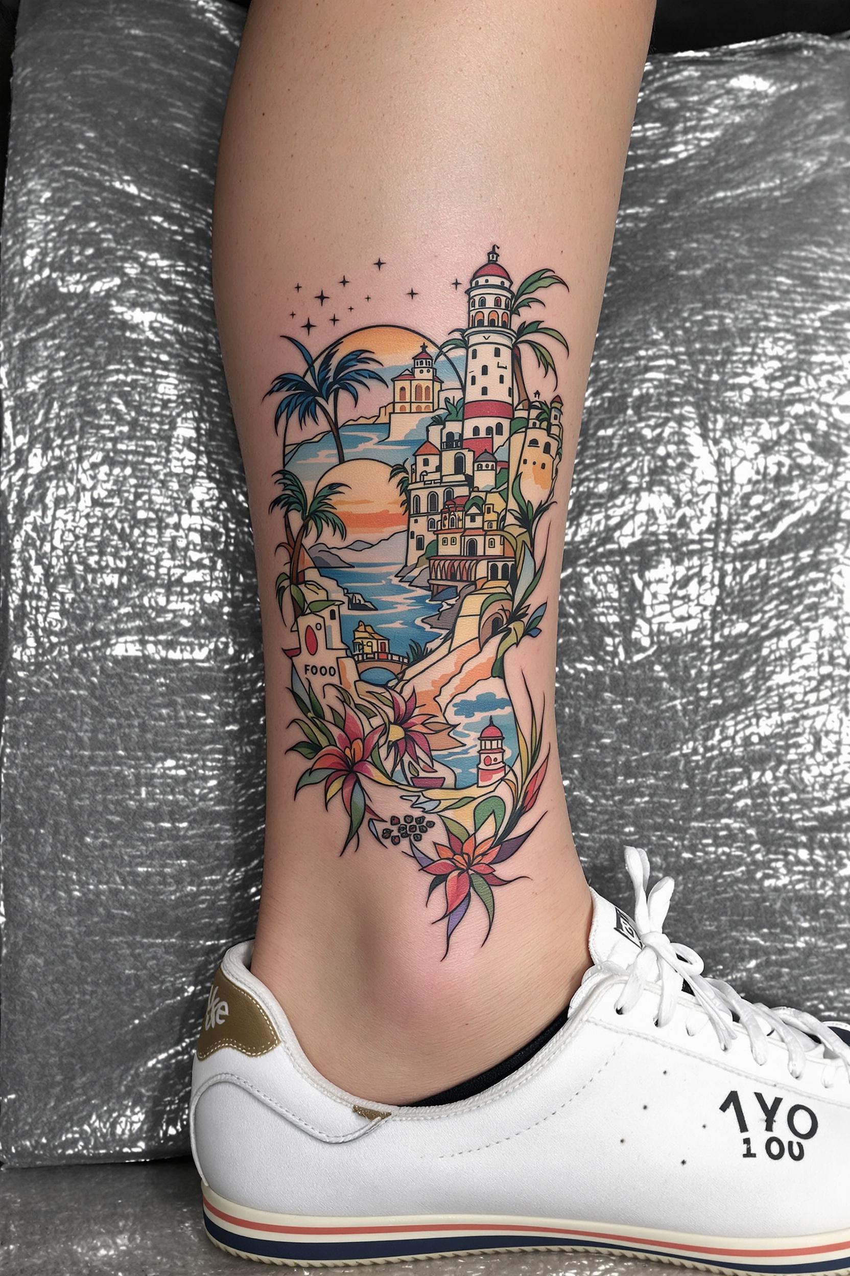 Dreamy Coastal Village Tattoo