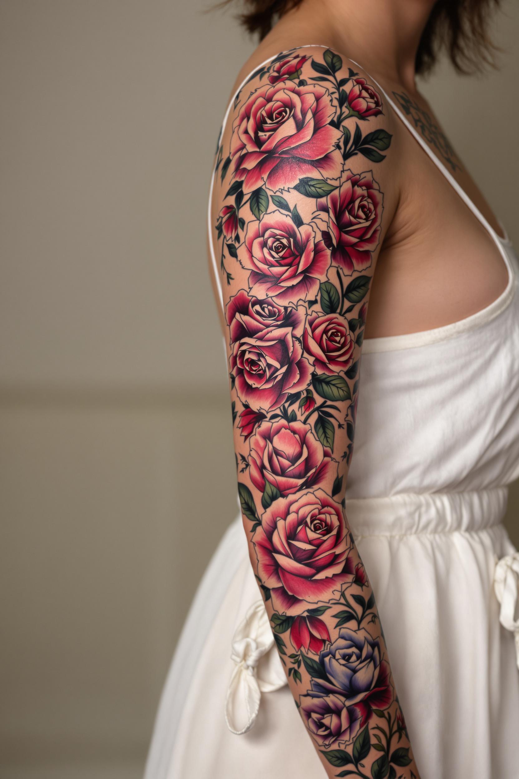 Vibrant Woman Sleeve Tattoo with Roses