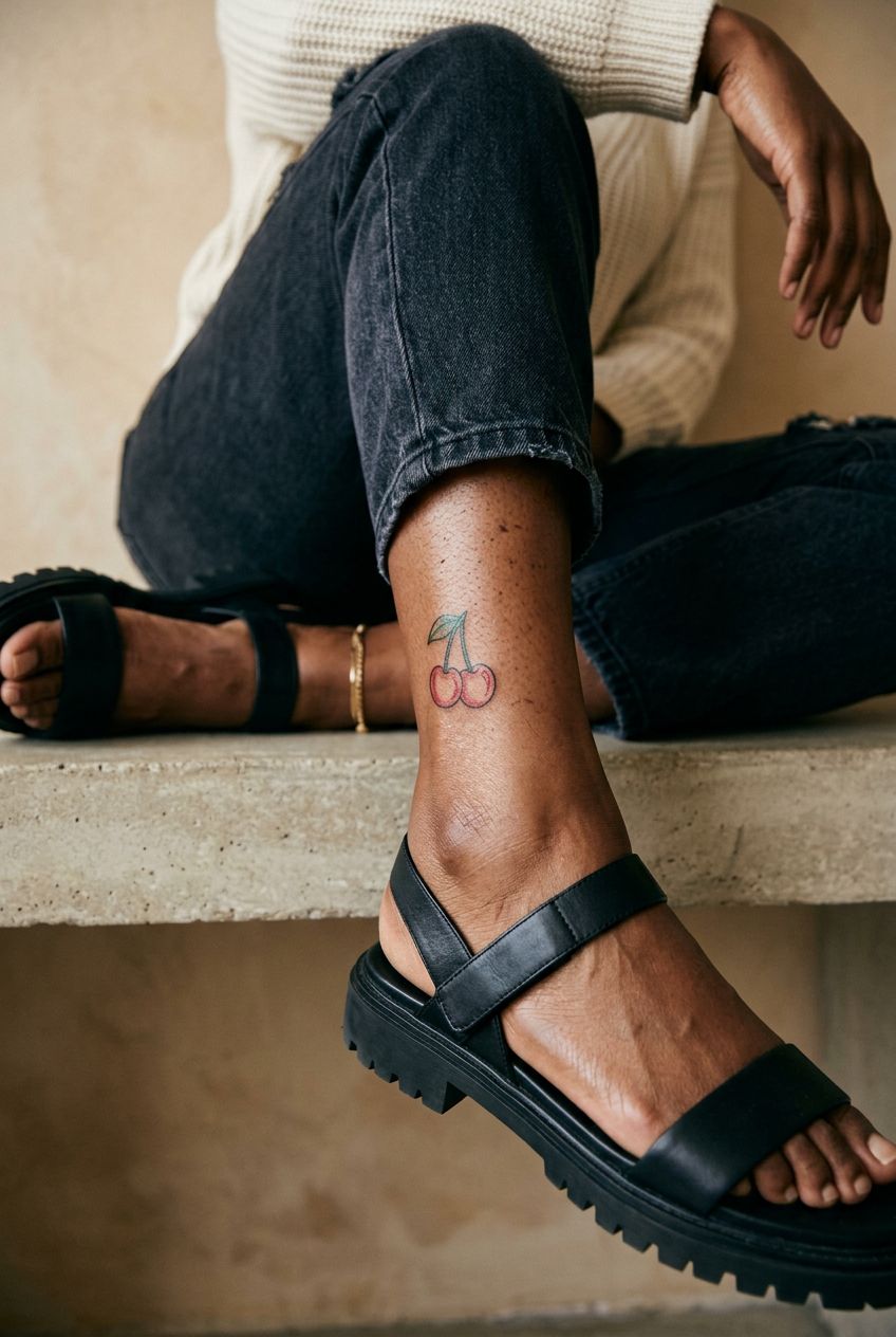 cherry ankle tattoo casual vibes