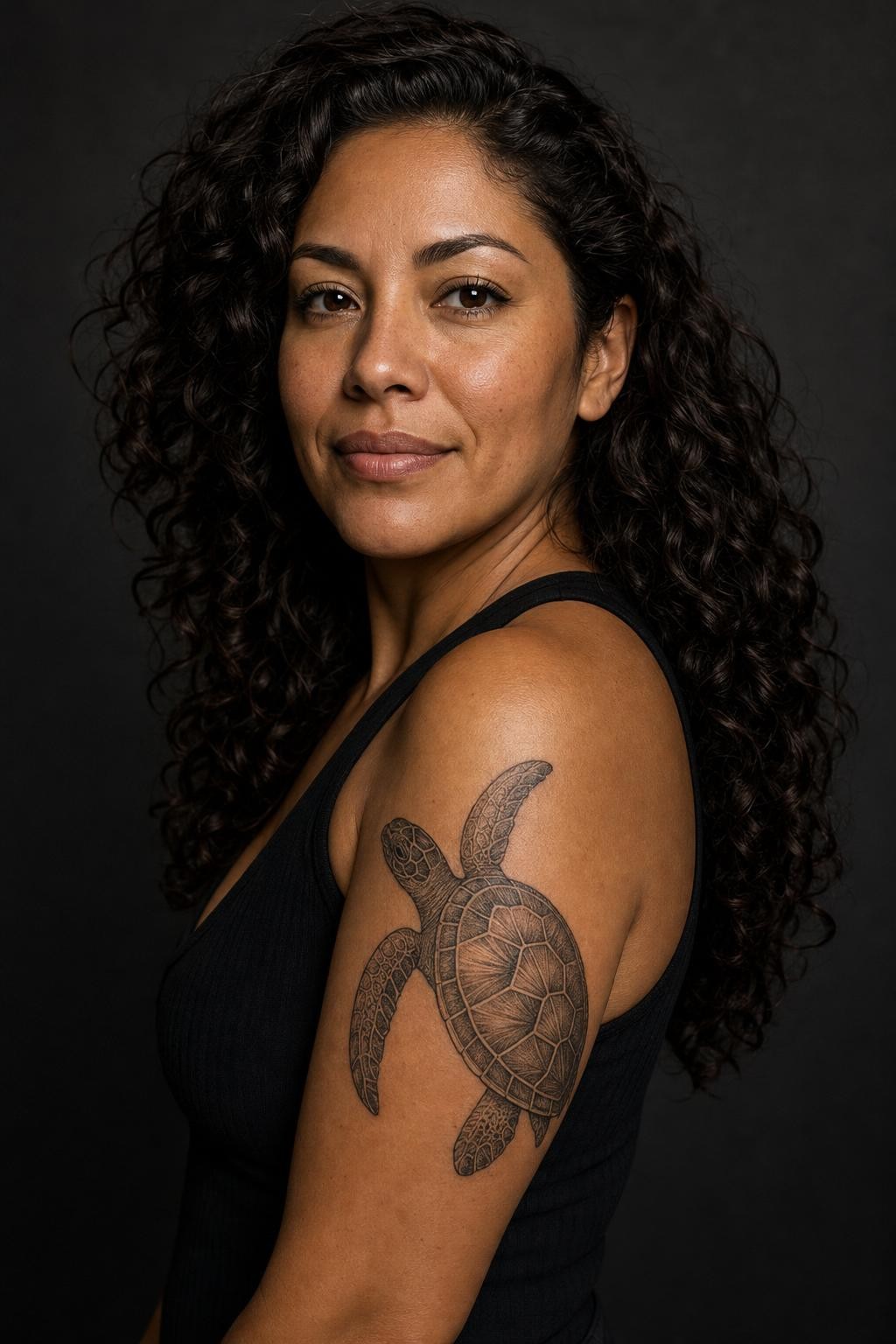 confident smile with turtle tattoo