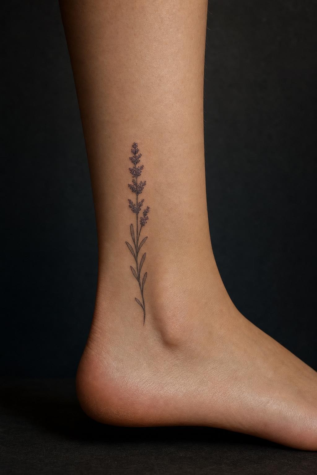 Delicate Lavender Sprig Ankle Tattoo