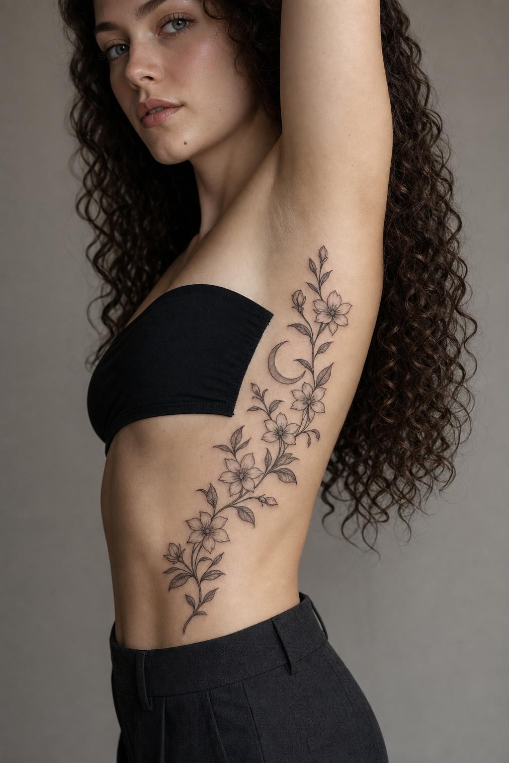 Floral Vine Moon Ribcage Tattoo