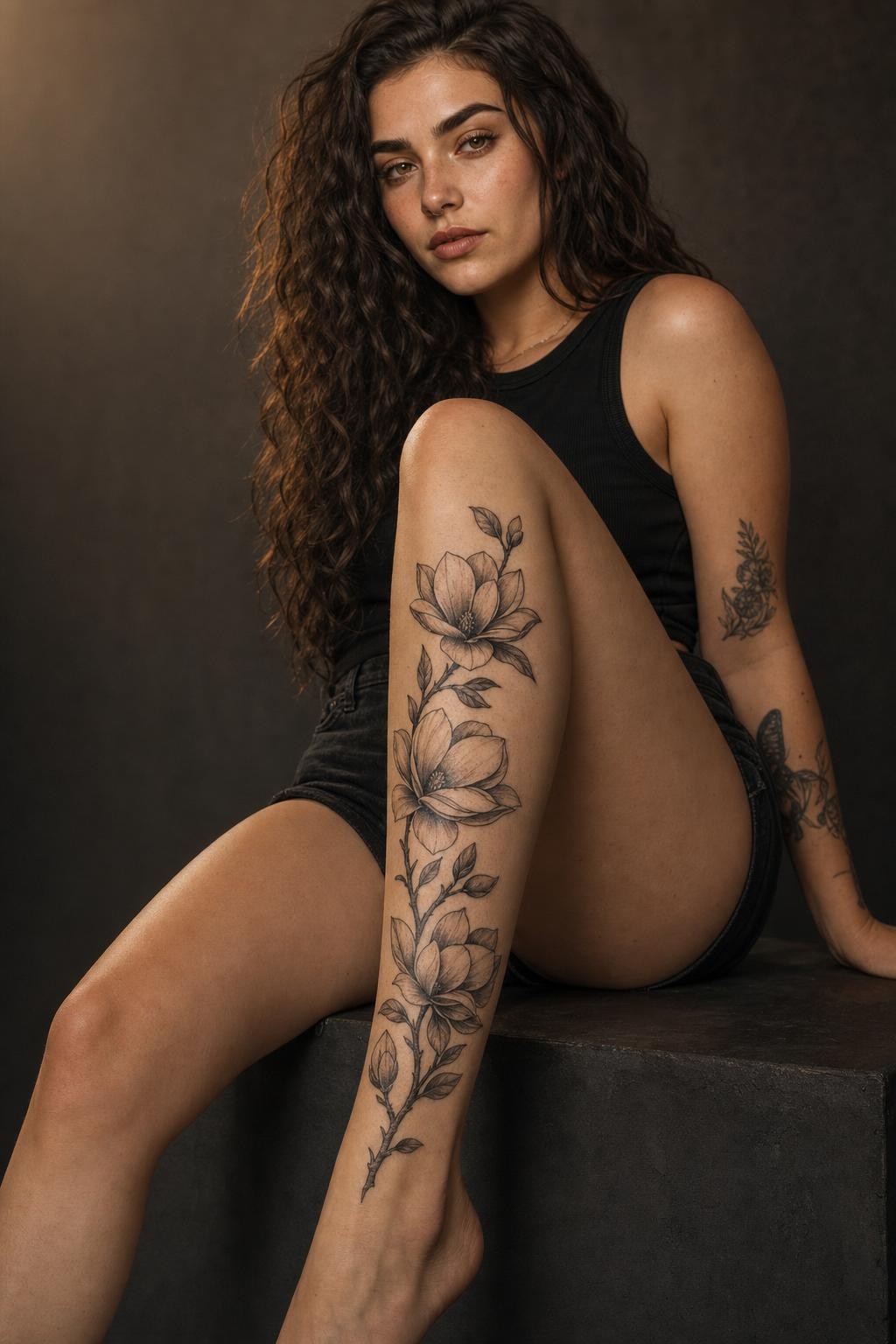 Flowing Magnolia Vine Leg Tattoo
