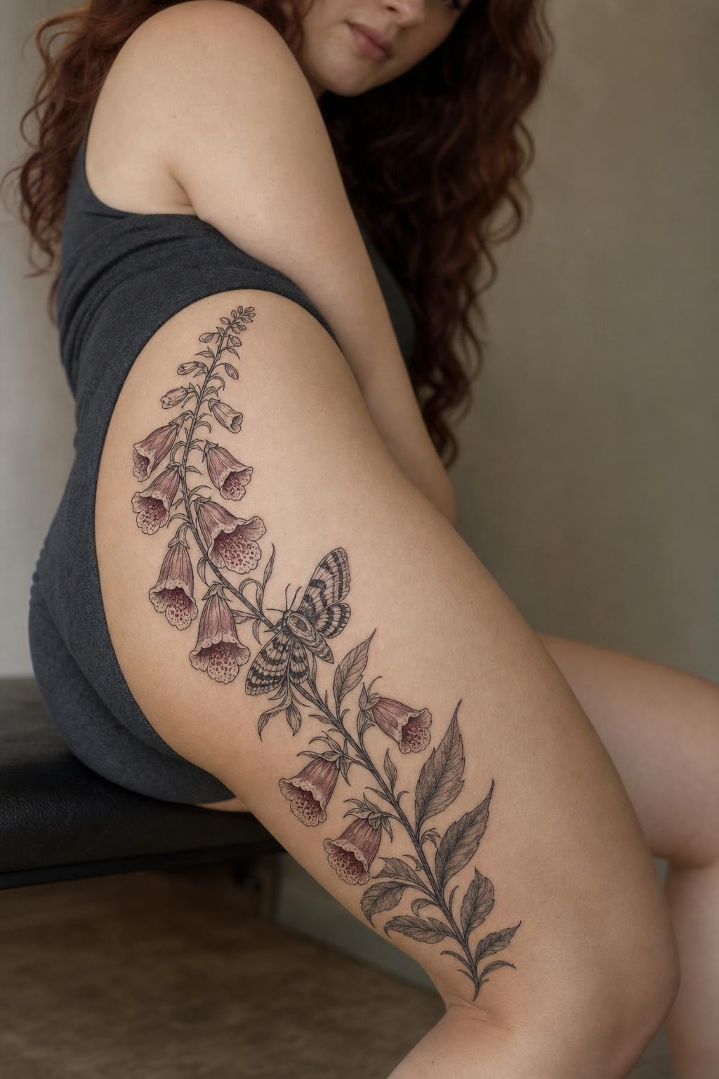 Foxglove and moth thigh tattoo
