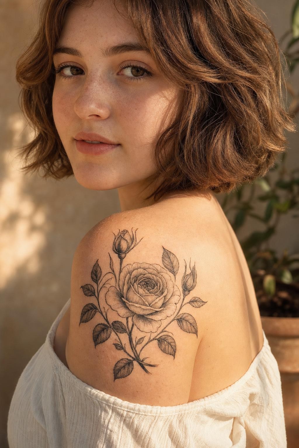 Golden Light Botanical Rose Tattoo