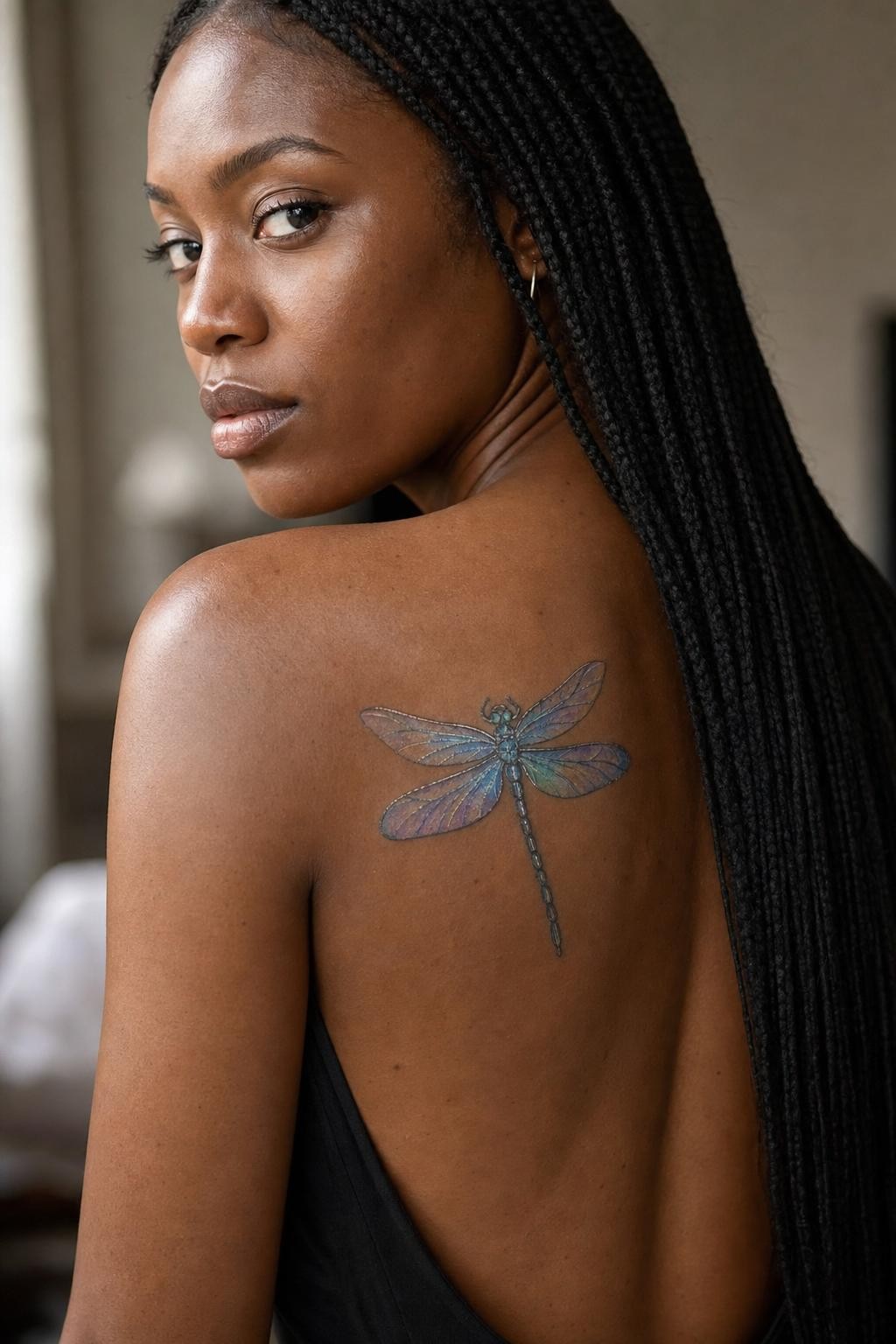Iridescent Dragonfly Shoulder Blade Tattoo