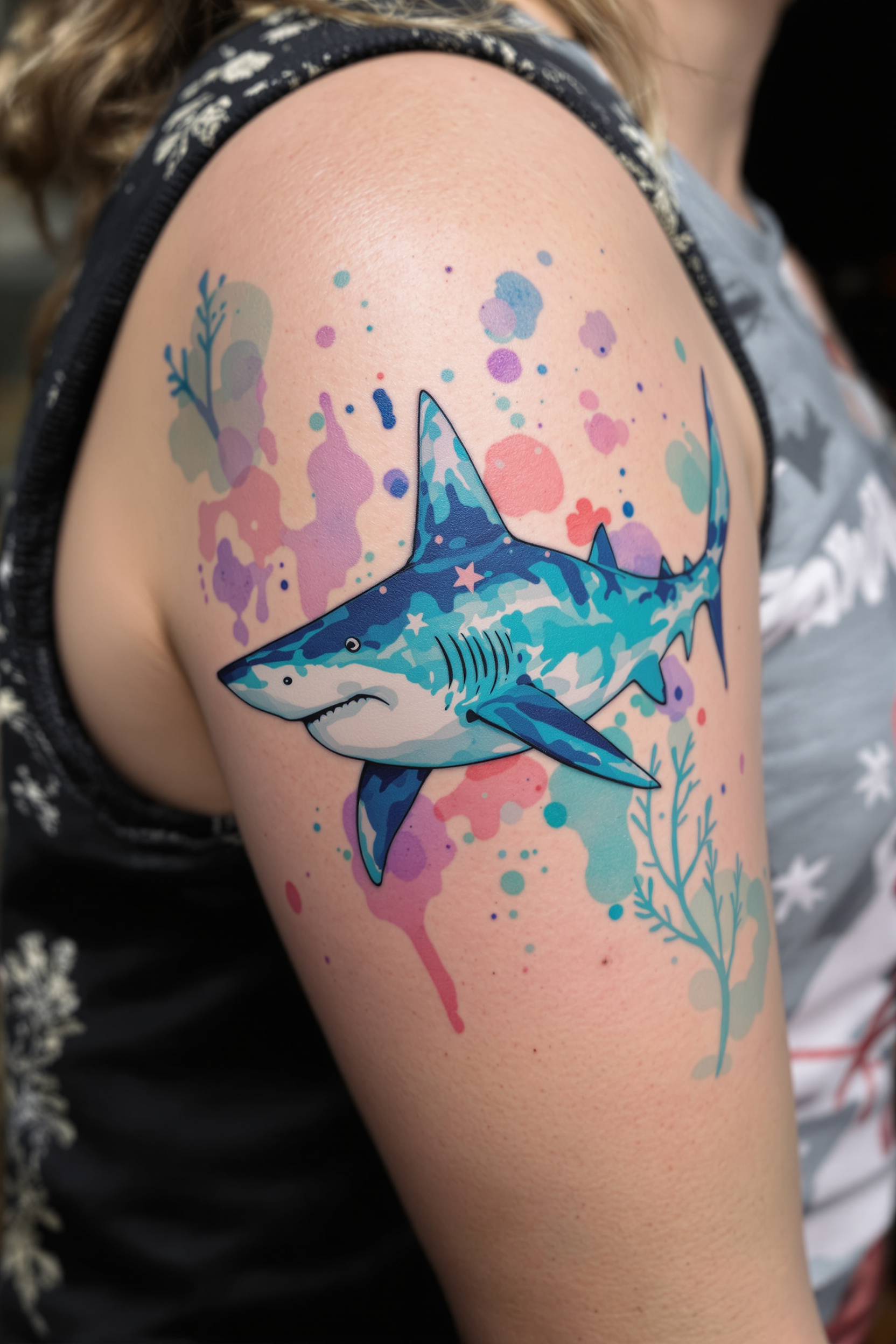 Vibrant Watercolor Shark Tattoo